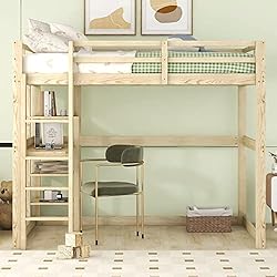 Cama alta de 140 x 200 cm con espacio de almacenamiento, cama doble, cama infantil, cama infantil, cama infantil, completamente de pino, con 4 compartimentos y un escritorio (natural, 140 x 200 cm)