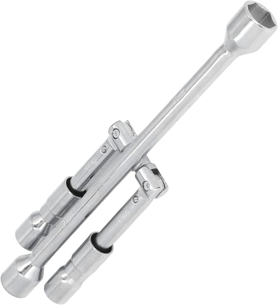 14in 4 Way Cross Wrench, High Carbon Steel Folding Lug Socket Spanner with 17mm 19mm 21mm 23mm Sockets, 180° Foldable Design for Car Motorcycle Repair