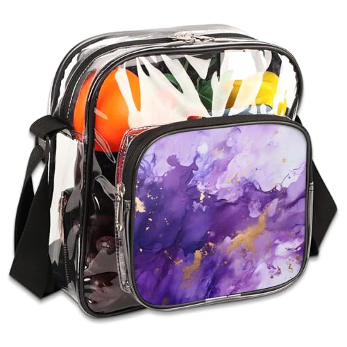 Clear Crossbody Bag Stadium Approved Purple Dynamic Fluid Design Transparent Bag for Festivals, Sports Events, Concerts,Beach Bag for Women Men Clear Purse with Front Pocket Messenger Bag