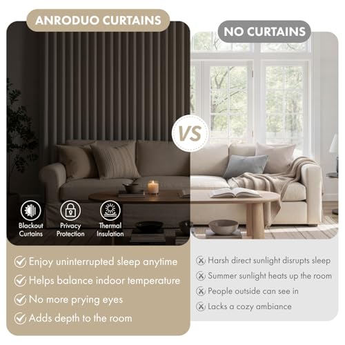 Image of ANRODUO Cream Beige Back Tab Blackout Curtains 63 Inch Long 2 Panels | Rod Pocket,Thermal Insulated Room Darkening Light Blocking Curtains for Living Room Bedroom Privacy,W42xL63
