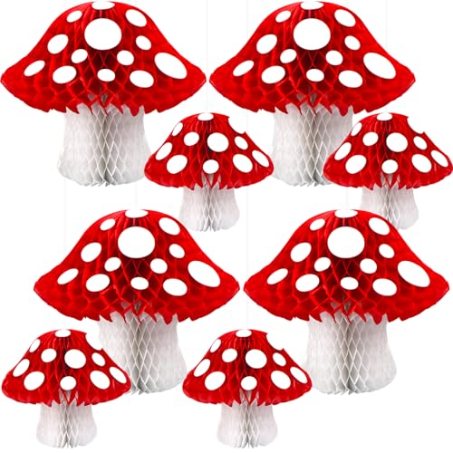 Image of 8PCS Mushroom Honeycomb Decor Mushroom Shaped Tissue Paper Pom Decorations for Jungle Wonderland Themed Birthday Party 3D Mushroom Honeycomb Centerpiece for Fairy Baby Shower Garden Decoration