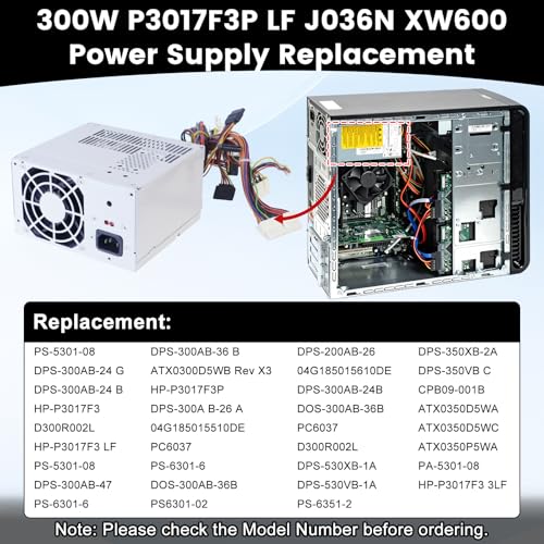 Image of Upgraded 300W P3017F3P LF J036N XW600 Power Supply Replacement for Dell Vostro, Studio Precision Series Mini Towers Systems PS-5301-08, D300R002L PS-6301-6 DPS-300AB-24 DPS-300AB-24 G Power Supply
