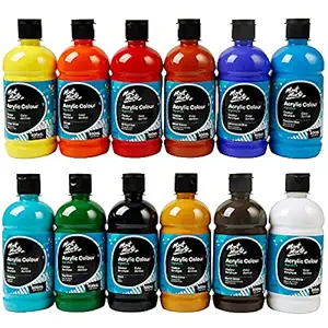 Mont Marte Acrylic Paint Set 16.9oz (500ml), 12 Basic Colours Perfect for Canvas, Wood, Fabric, Leather, Cardboard, Paper, MDF and Crafts