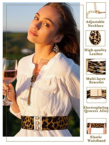 Junkin 6 Pcs Leopard Jewelry Gift Set for Women Boho Leopard Bracelet Necklace Earrings Clutch Purse Belt for Party Cosplay(Leopard,Yellow, Black)3