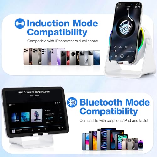 Image of TARKARI Wireless Induction Speaker, 5 in 1 Bluetooth Speaker, 360 Rotation Cell Phone Stand and Colorful Ambient Light, Compatible with iPhone iPad Android Tablet, Birthday Gifts for Him Women Men