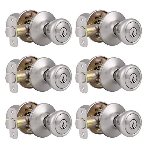 Probrico Keyed Alike Entry Door Knobs Brushed Nickel Finish, Exterior Interior Keyed Door Locksets with Same Keys, 6 Pack (for Bedroom,Bathroom or Office)