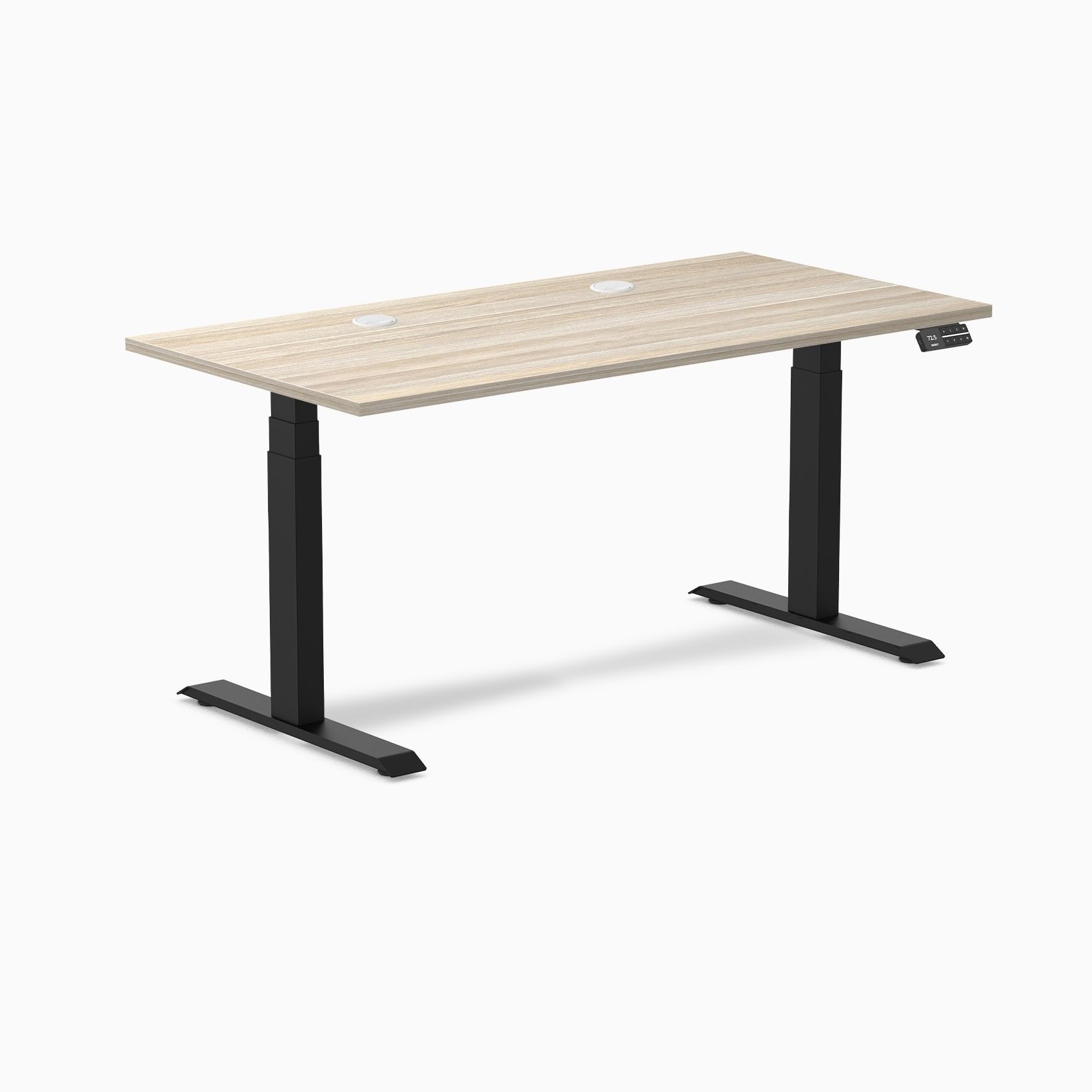 Desky Dual Laminate Sit Stand Desk Classic Oak 59.1" Grommets Matte Black