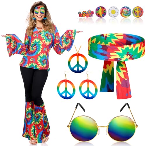 Jiuguva 17pcs 60s 70s Outfits for Women Hippie Costume Set Disco Outfit(Classic Style,X-Large)