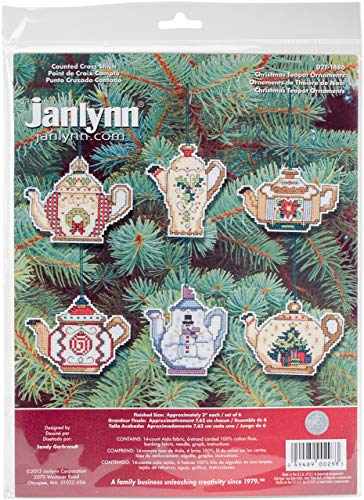 Christmas Teapot Ornaments Counted Cross Stitch Kit, 3-Inch, Set of 6