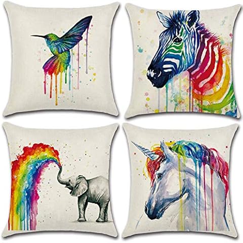 Soleebee Cotton Linen Throw Pillow Covers Car Cushion Covers for Sofa Bed Home Decor Set of 4, 45 x 45cm (Rainbow Animal) Cover