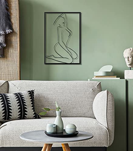 Shinowa Metal Wall Art Decoration, Modern Abstract Kneeling Female Body Single Line Wall Sculptures With Frame, Minimalist Drawing Art Decor Hanging For Home Living Room Bedroom Office, Black #TOP4