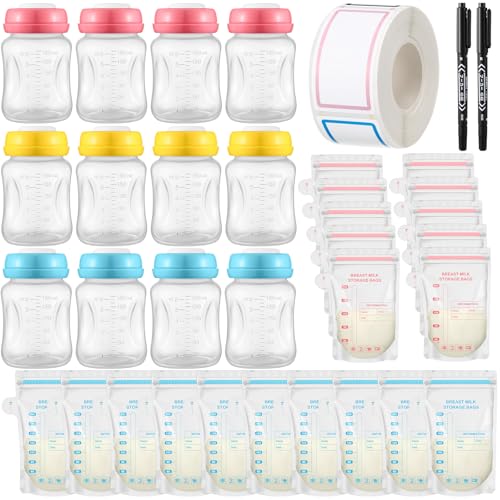 Image of Threlaco 12 Pack Breast Milk Storage Bottles 6oz 180ml with 60 Pieces Breastmilk Storage Bags, Reusable Wide Neck Breast Pump Bottles with 250 Pieces Handwriting Stickers and 2 Marker Pens
