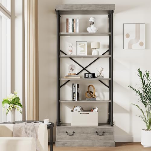 GarveeHome 81.3" Bookshelf with Storage Drawer, Tall Bookcase w/Metal Frame, 5 Tier Vintage Bookshelf Industry Display Storage Shelf for Office Living Room Library Bedroom