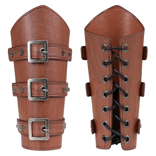 GYQMBT 1 Pair of Leather Arm Guards Ren Faire Bracers Medieval Viking Arm Guards for Halloween Dress Up (Brown Style-3)