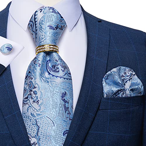 Dibangu Light Blue Paisley Necktie And Gold Tie Ring Set For Men Silk Tie Handkerchief Cufflinks Set Wedding Party #TOP1
