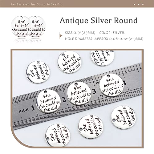 Jialeey USA000309 30Pcs Alloy She Believed She Could So She Did Diy Message Charms Pendant For Crafting Bracelet Necklace Jewelry Making Accessory, Antique Silver Round thumb #1