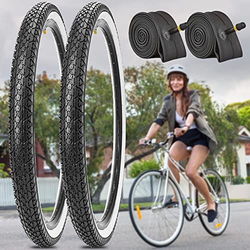 SIMEIQI 2 Pack 26"x2.125" Inch Bike Tires White Wall and 2 Pack 26x2.125 Bike Tubes with 32mm AV Vavles Compatible with 26 Inch Bicycle Tires