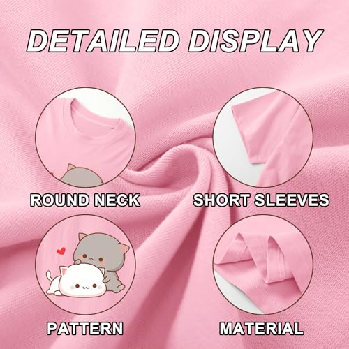 Image of KEEVICI Cute Cat Shirts for Girls Graphic Tees Kids Kawaii Cartoon Animal Print T Shirt Summer Cotton Short Sleeve Tops
