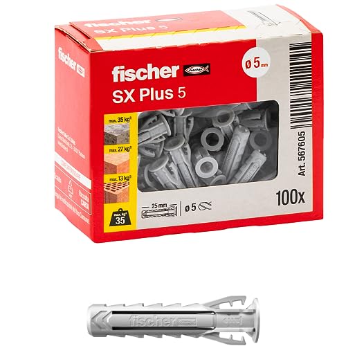 Fischer 100 chevilles SX Plus 5 x 25 mm pour mur plein, brique perforée, maçonnerie, béton, pour la fixation de lustres, meubles, armoires, étagères, 567605