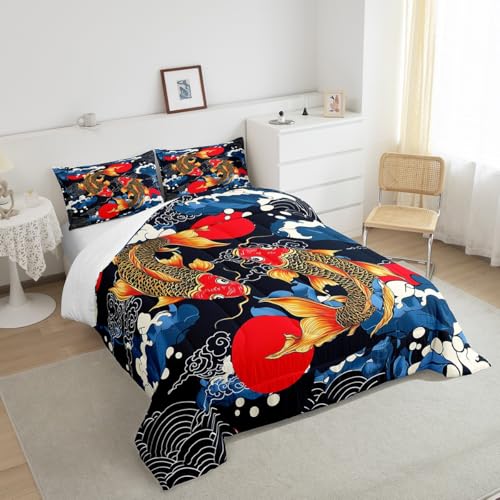 Image of Feelyou Japanese Bedding Set Japanese Ukiyoe Fish Comforter Set for Kids Boys Girls Teens Decor Ocean Surfing Koi Comforter Exotic Quilt for All Season 2Pcs Twin Size with 1 Pillow Case