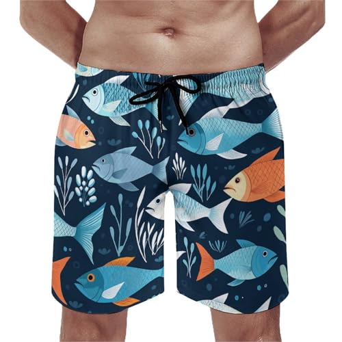 Mens Shorts Fishes Pattern Men Swim Trunks Quick-Dry Beach Shorts with Drawstring Pocket Bathing Suit