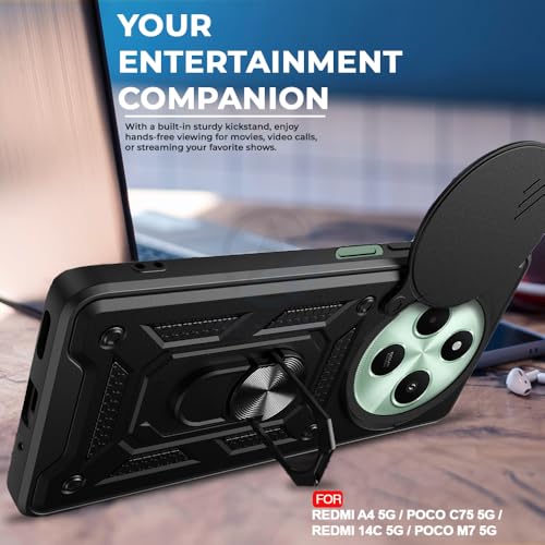 Image of AESTMO Tough Armor Compatible with Redmi A4 / Redmi 14C 5G / Poco C75 5G / Poco M7 5G Bumper Back Case Cover | Ring Holder & Sliding Camera Shield Cover | 360 Degree Protection Back Case Cover (Black)