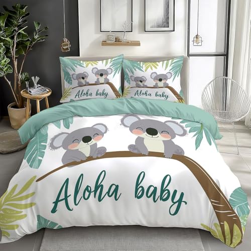 California King Duvet Cover Cartoon Animal Koala Leaves Cal King Bedding Duvet Cover Set, 3 Pieces, Soft and Breathable Comforter Cover with 2 Pillow Shams, for All Season