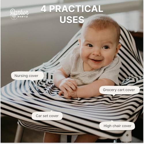 Image of Parker Baby 4 in 1 Car Seat Cover for Boys - Stretchy Carseat Canopy, Nursing Cover, Grocery Cart Cover, High Chair Cover - Navy /White Stripes
