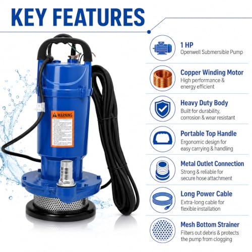 Image of CRI 1HP Vertical Openwell Submersible Pump I Copper Winding Motor I Open Well Water Pump I Irrigation Pump I Farm Water Supply I Tank Filling I 15 months warranty