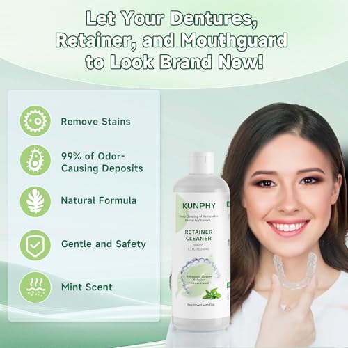Image of kunphy Ultrasonic Retainer Cleaner Solution Concentrate - 2 Pack Value Bundle, Professional Cleaning for Retainers, Dentures, Invisible Aligners, Mouth Guards, Removes Odors & Stains, 16 oz (Mint)