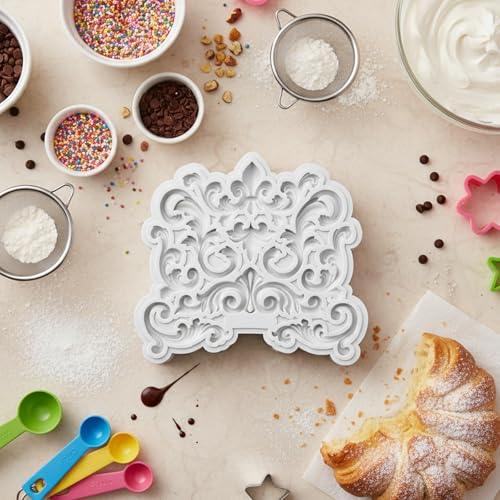 Baroque Fondant Mold Curlicues Scroll Lace Silicone Molds Polymer Clay Mold Border Relief Flower Mould Filigree Sculpted Decoration Fondant Molds for DIY Crafts Epoxy Resin Casting Air Dry Cake Topper