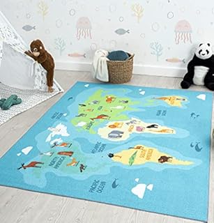 the carpet Happy Life Children's Room Rug Play Mat Washable World Map Earth Animals Blue 120 x 160 cm