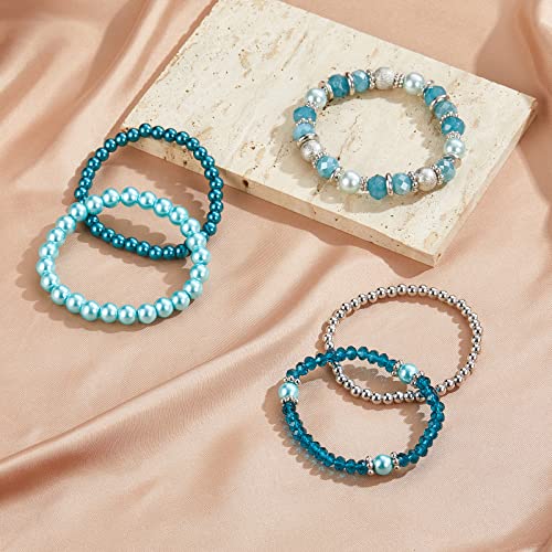 Noessla Beaded Pearl Stretch Bracelet Silver Stackable Crystal Beads Bracelets Trendy Costume Jewelry Mothers Day Gifts For Women(Turquoise) #TOP3