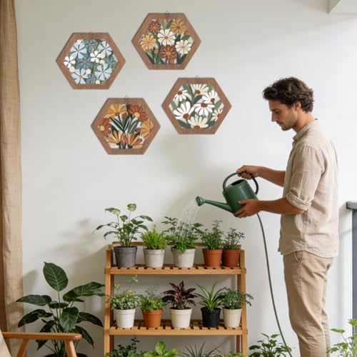 Impression d'art mural de fleurs cadre en bois suspendu hexagonal - 7