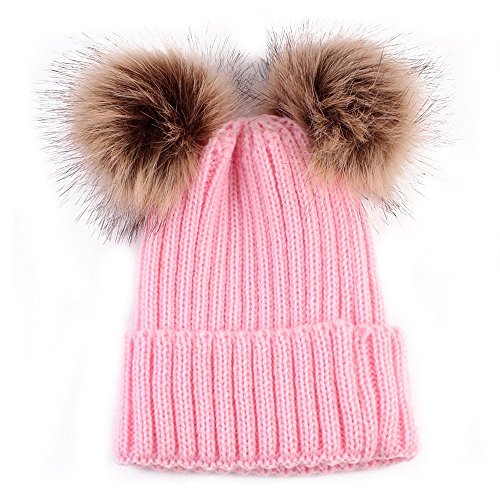 NYKKOLA Gorro de Punto elástico para Invierno, Gorro de Doble pompón, Gorro de Ganchillo con Dobladillo, XGPOM-Adult-Pink, Rosa, Adulto Cover