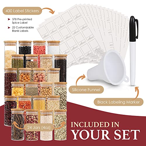 Houseables Glass Spice Jars With Bamboo Lids, Airtight Seasoning Containers, 24 Pack, 4Oz, Clear Lidded Storage, 2.7” X 3”, Food Canister Sets For Kitchen Counter, Cabinet, Pantry Organization, Jar #TOP5