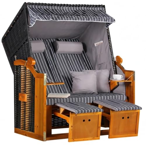 MR. DEKO® Strandkorb Ostsee 2-Sitzer Anthrazit | Volllieger Gartenmöbel | Polyrattan Hartholz | Komfortabler Sonnenkorb für Terrasse und Balkon | Inkl. 2 Klapptische und Kissen Royal Anthrazit