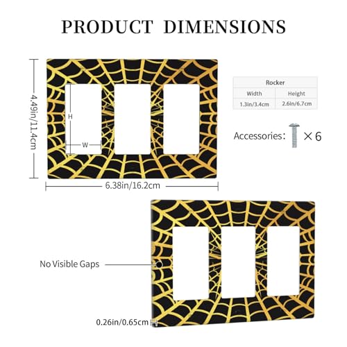 Decorative Outlet Covers Black Background with Golden Spiderweb Spider 3 Gang Outlet Cover Wall Plate Triple Rocker Light Switch Cover Plate Switch Plate Covers for Home Decor