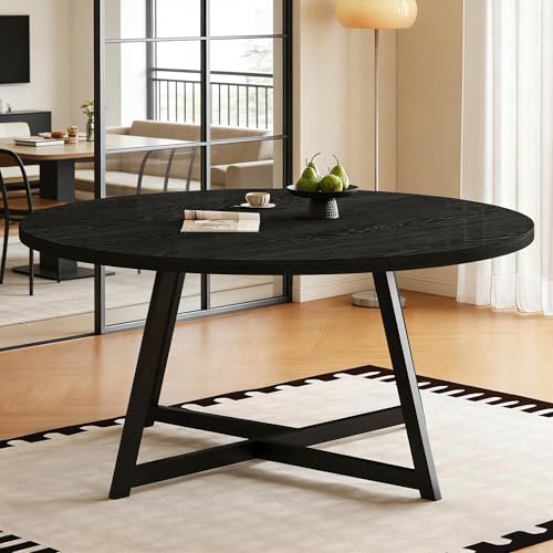 Image of Large Round Dining Table for 6-8, Wooden Dinner Table with Heavy Duty Metal Pedestal Base, for Kitchen Living Room, Space Saving, 59 Inch, Black