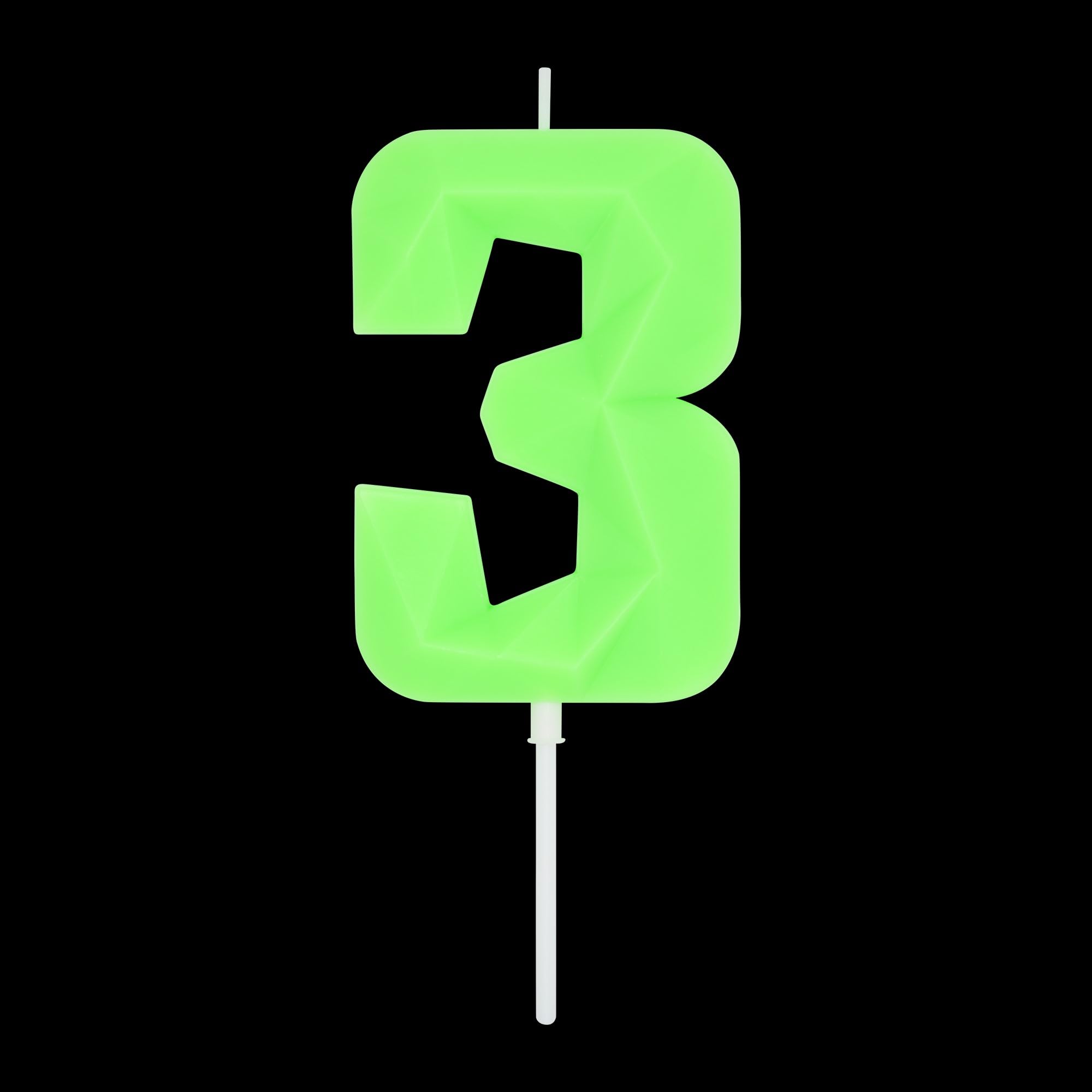 DERVENTA Large Birthday Candle Number 3D Luminous Green 3.7 inch Party Celebration Anniversary Decoration Cake Topper 1 Piece (Luminous Green Number 3)