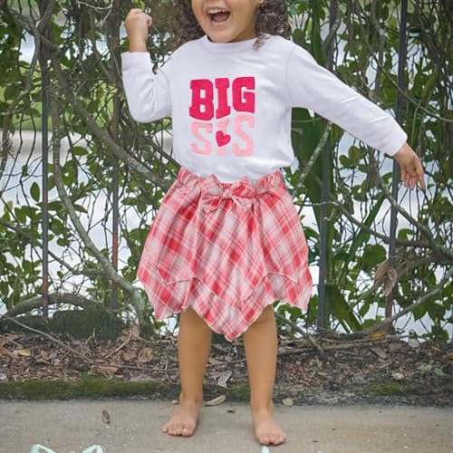 Image of GRNSHTS Baby Girl's Two Piece Outfit Long Sleeve Crew Neck Big Sis T Shirt with Plaid Denim Print A Line Mini Floral Skirt 1-5 Years