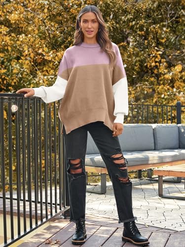 Image of LILLUSORY Women's Oversized Batwing Sweaters 2026 Fall Outfits Trendy Crewneck Knit Side Slit Fashion Pullover Tops