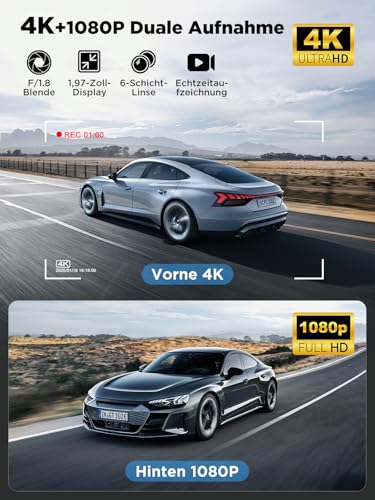 Topabol Dashcam u automobilu, 4K + 1080P Dashcam u automobilu sprijeda i straga, WiFi Dash Cam sa 64GB SD karticom, Dvostruka kamera za automobil s noćnim vidom, 170° širokokutni WDR, G-senzor, Loop Recording, APP Control, Max 256GB