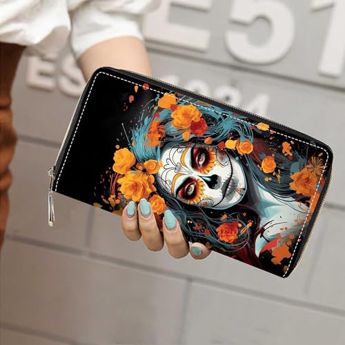 Sugar Skull Girl Flower Wallet for Women with Credit Card Holder Coin Money Clip PU Leather Zip Around Clutch Wallet4