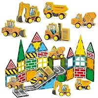 Oriate Magnetic Tiles Engineering Construction Vehicle Road Set,Kids Toys Games with Magnetic Blocks STEM Educational,City Sensory Magnet Tiles,Birthday Gifts for Kids ages 3+ Boys Girls Toys with Car