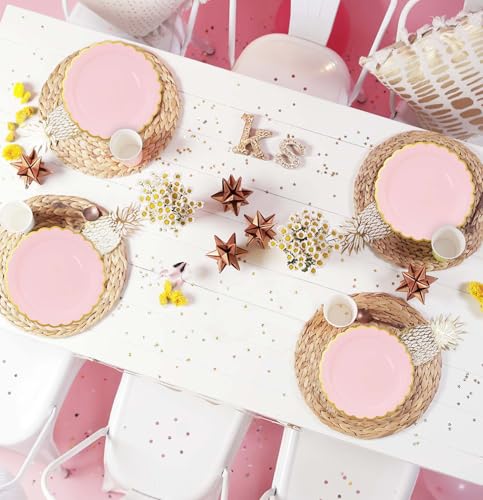 Image of HEIPINIUYE 50 Pieces Light Pink Paper Plates with Gold Foil 7 Inch Disposable Pink Scalloped Dinner Plates for Wedding Baby Shower Birthday Party Dessert Plate