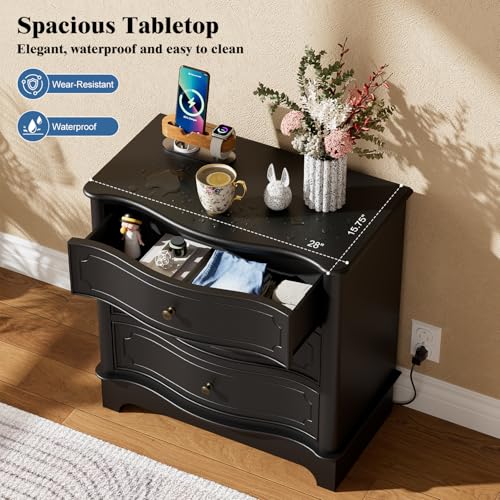 Image of 3 Drawers Dresser for Bedroom with Charging Station, 28 inch Wide Small Chests of Drawers, Farmhouse Wood Nightstand Bedside Cabinet End Table for Bedroom, Living Room, Closet, Black