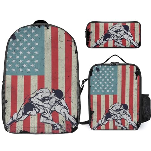 U.S.A. Flag Wrestling Classic Backpack Lunch Bag Pencil Case 3 Piece Set Travel Daypack