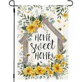 CROWNED BEAUTY Spring Home Sweet Home Garden Flag Eucalyptus Yellow Wildflowers Welcome 12x18 Inch Double Sided Small Floral Seasonal Holiday Decoration for Outdoor Lawn Yard