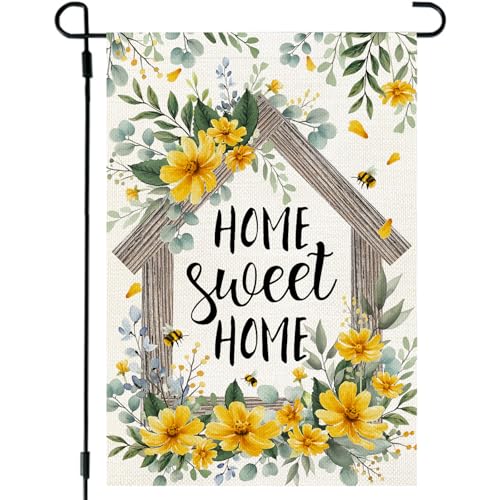 CROWNED BEAUTY Spring Home Sweet Home Garden Flag Eucalyptus Yellow Wildflowers Welcome 12x18 Inch Double Sided Small Floral Seasonal Holiday Decoration for Outdoor Lawn Yard